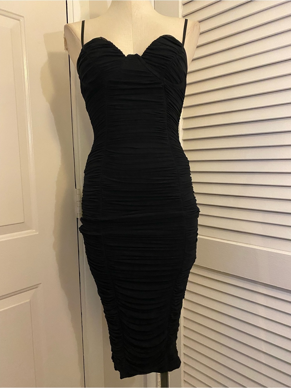 Fashion Nova Black Ruched Midi Dress with Spaghetti Straps- Size XS